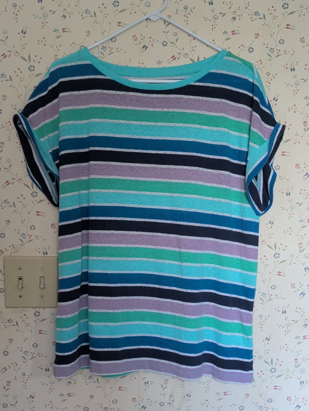 Talbots Striped Linen Top Teal Blue Gray XL Clean Girl Preppy Cap Sleeves